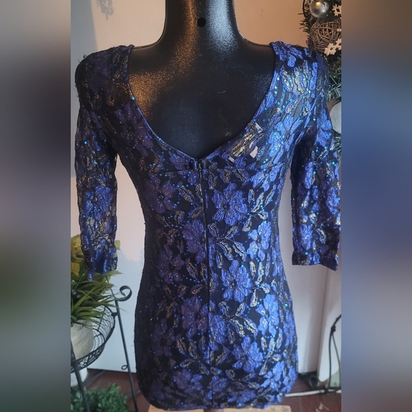 Parisian Collection Blue Floral Lace and Sequin Detailed Mini Dress S - Picture 6 of 8